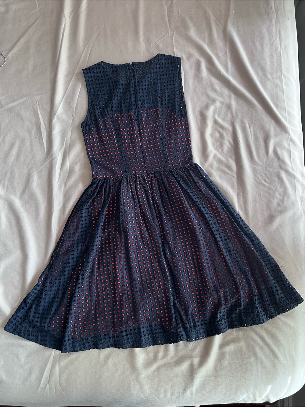 French Connection Sleeveless Navy Eyelet Fit-and-Flare Dress with Coral Lining